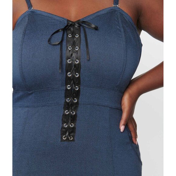 Unique Vintage Plus Size Dark Denim Corset Ellison Wiggle Dress 1X/16 - Picture 3 of 13